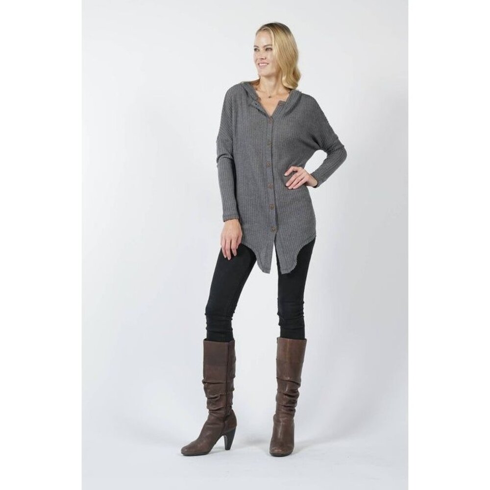 Mai Soli Gray Ribbed Button-Down Hooded Long Sleeve Tie Top Womens S